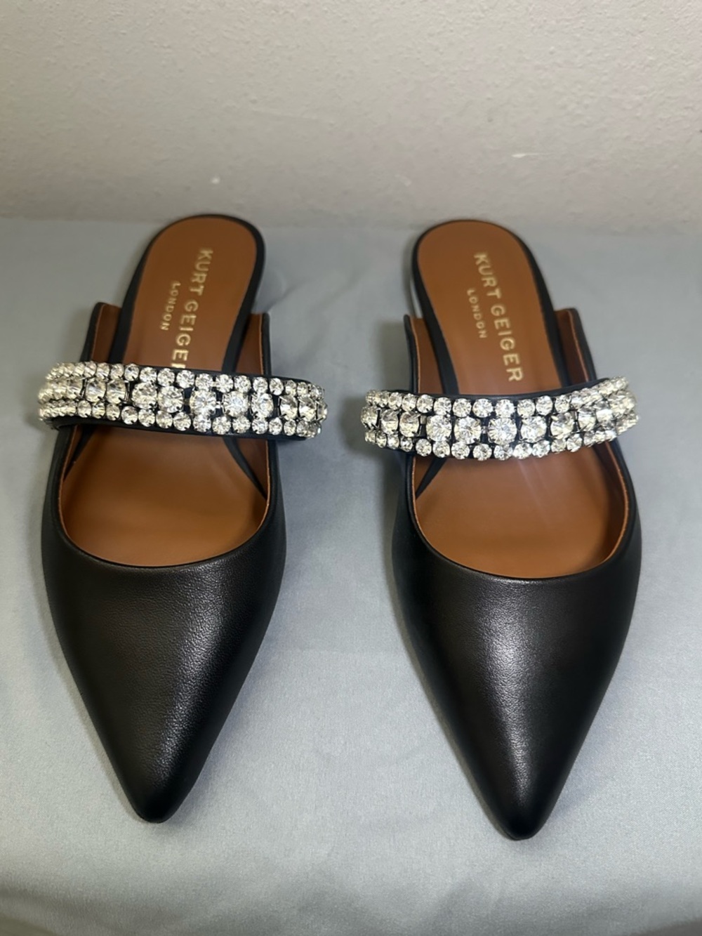 Kurt Geiger London Black Leather Princely Crystal Strap Pointed Toe Mules